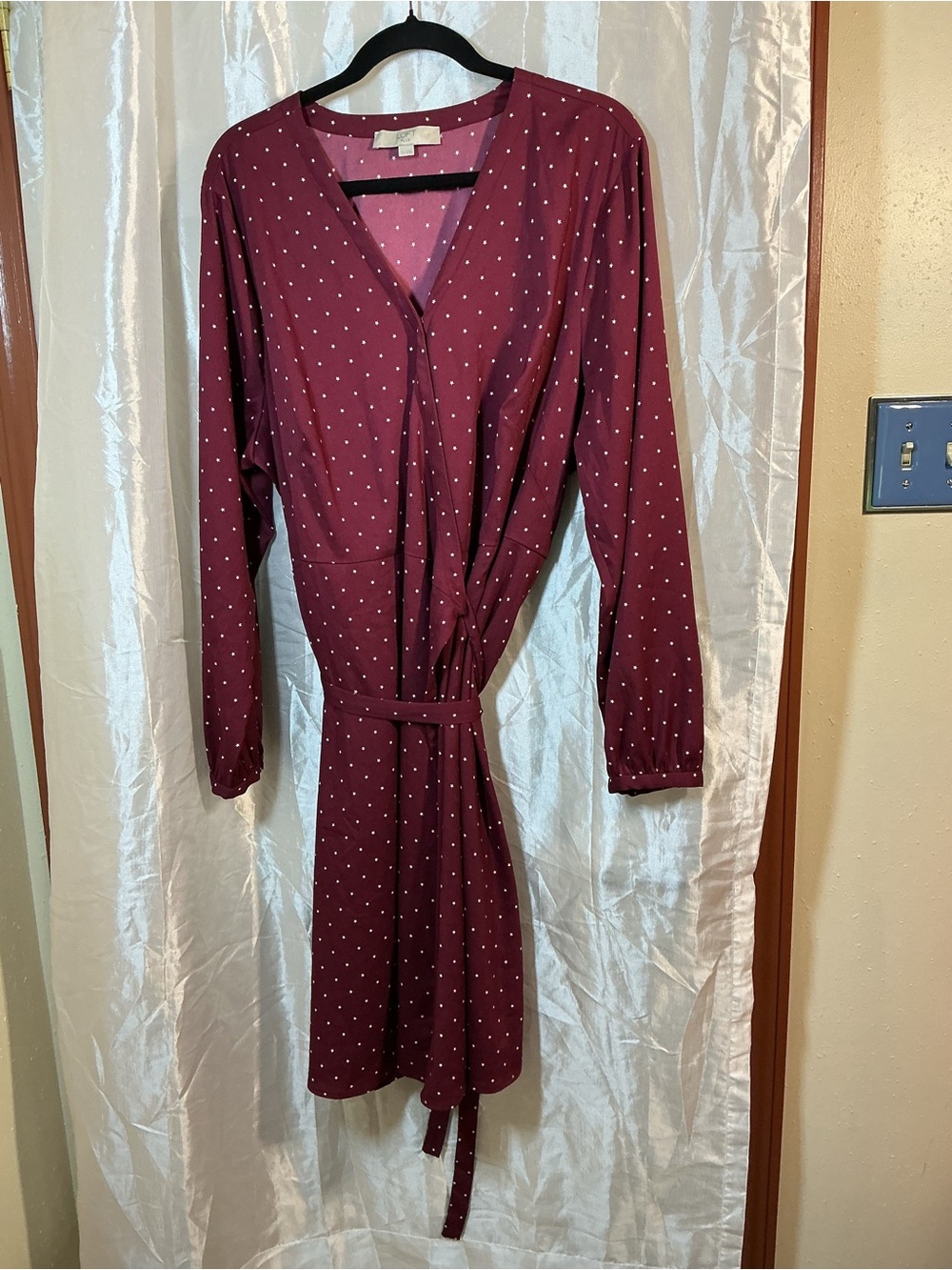LOFT Burgundy Polka Dot Long-Sleeve Wrap Dress